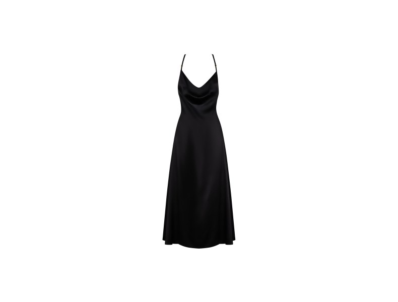 Satynowa długa sukienka Agatya z głębokim wycięciem nad pośladkami, czarna - 5
